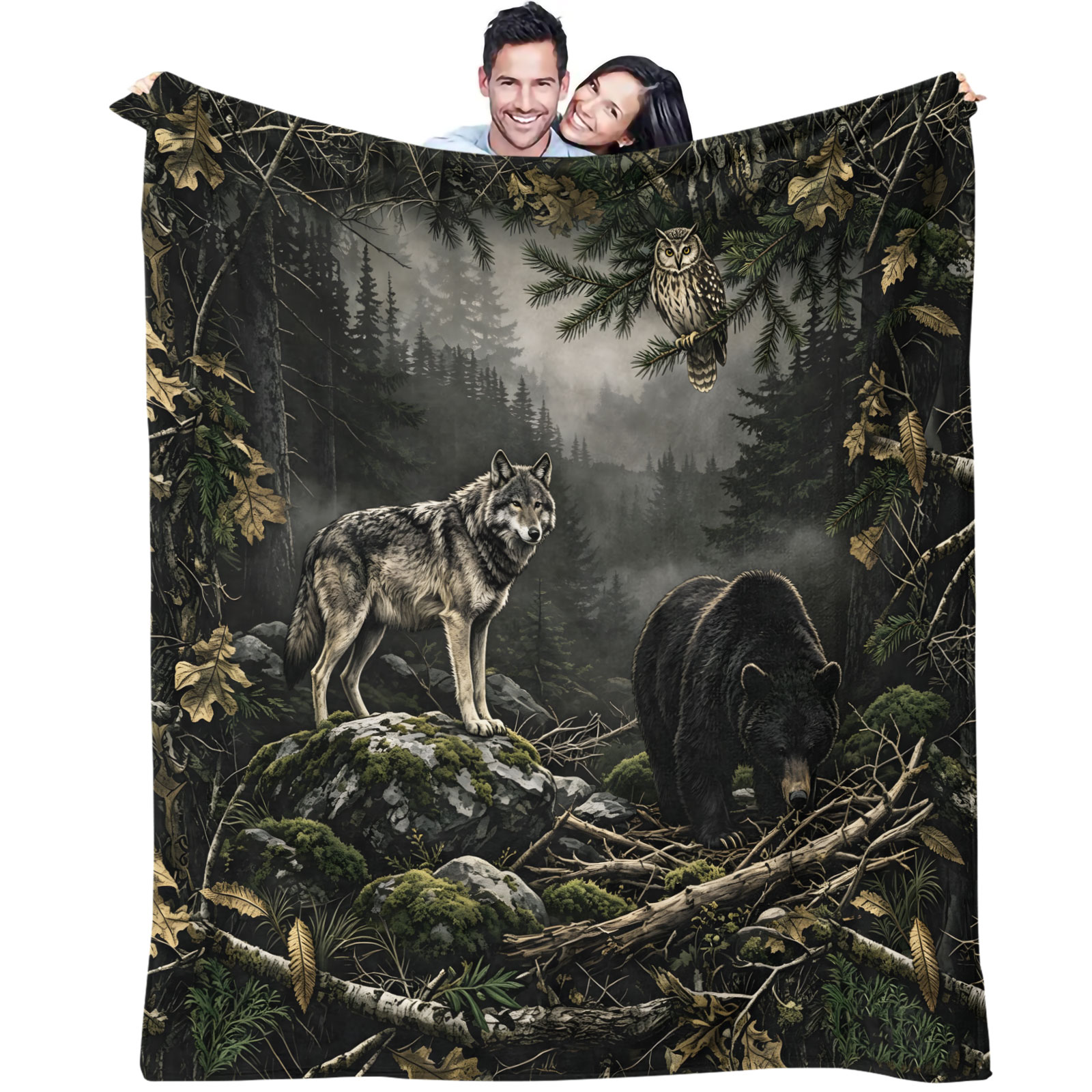 Hunting And Camping In Forest - Boswolf Beer Uil Flanellen Dekbed Wild